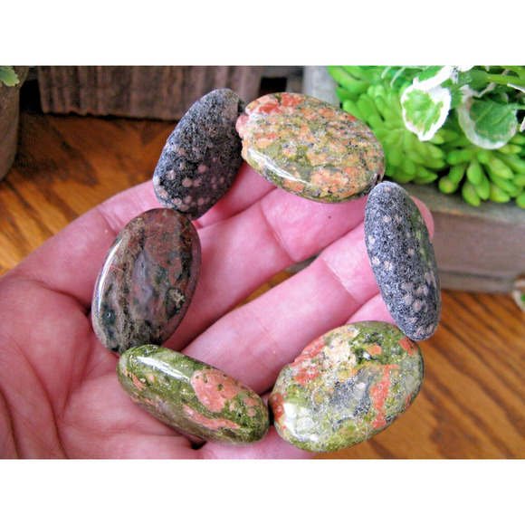 New Chunky Natural Moss Agate, Pink & Black Mica, Unakite Beaded Bracelet 7.75” - Picture 1 of 13
